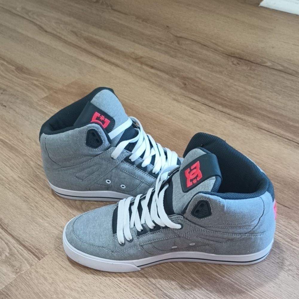 DC Men's Gray and Black Spartan High Top Sneakers with Red Accents